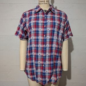 Cascade Blues Cherry 🍒 Print Plaid Short Sleeve Shirt